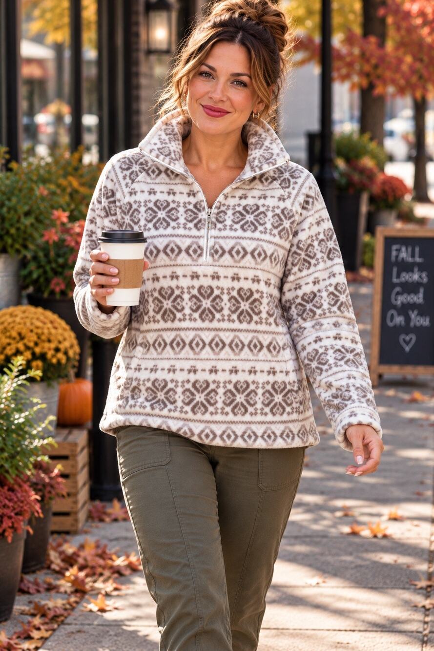 Eddie Bauer Women M Fair Isle Nordic Plush Fleece Quarter Zip Pullover